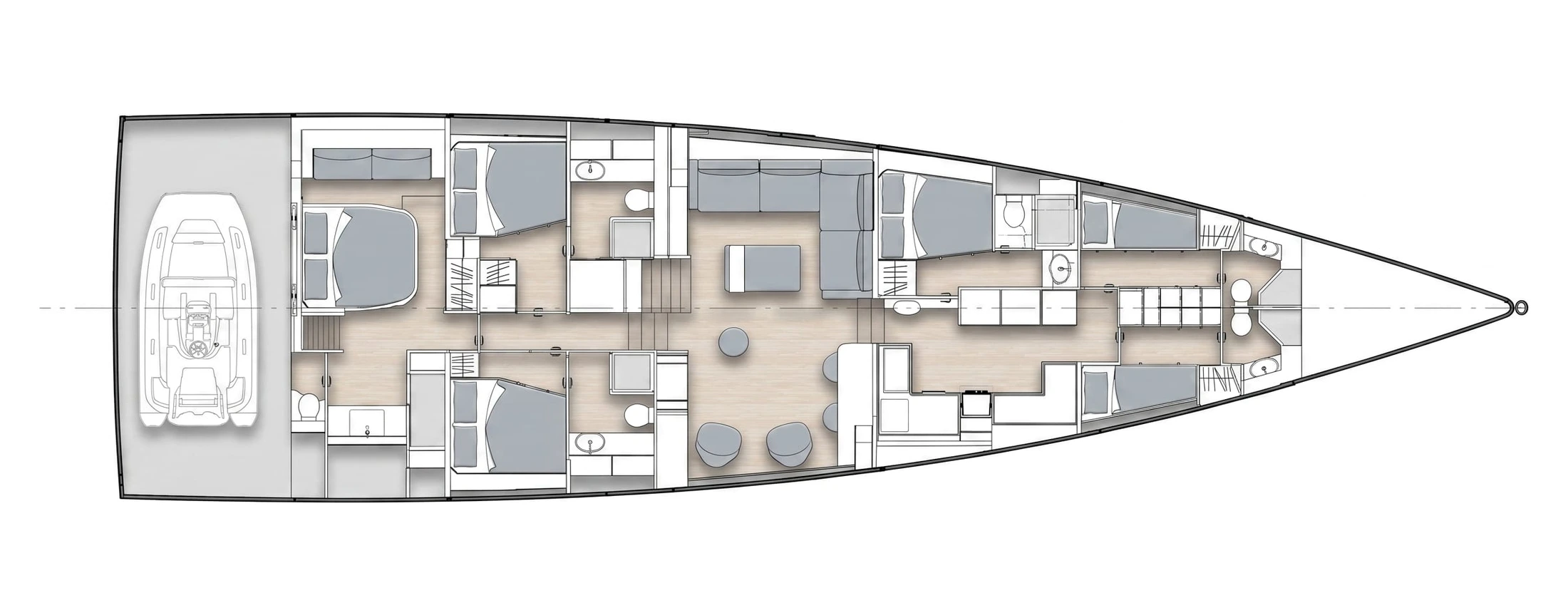 General arrangement floor plan of Sailing Yacht W, a YYachts Y8: master and guest cabins, salon, galley and tender garage